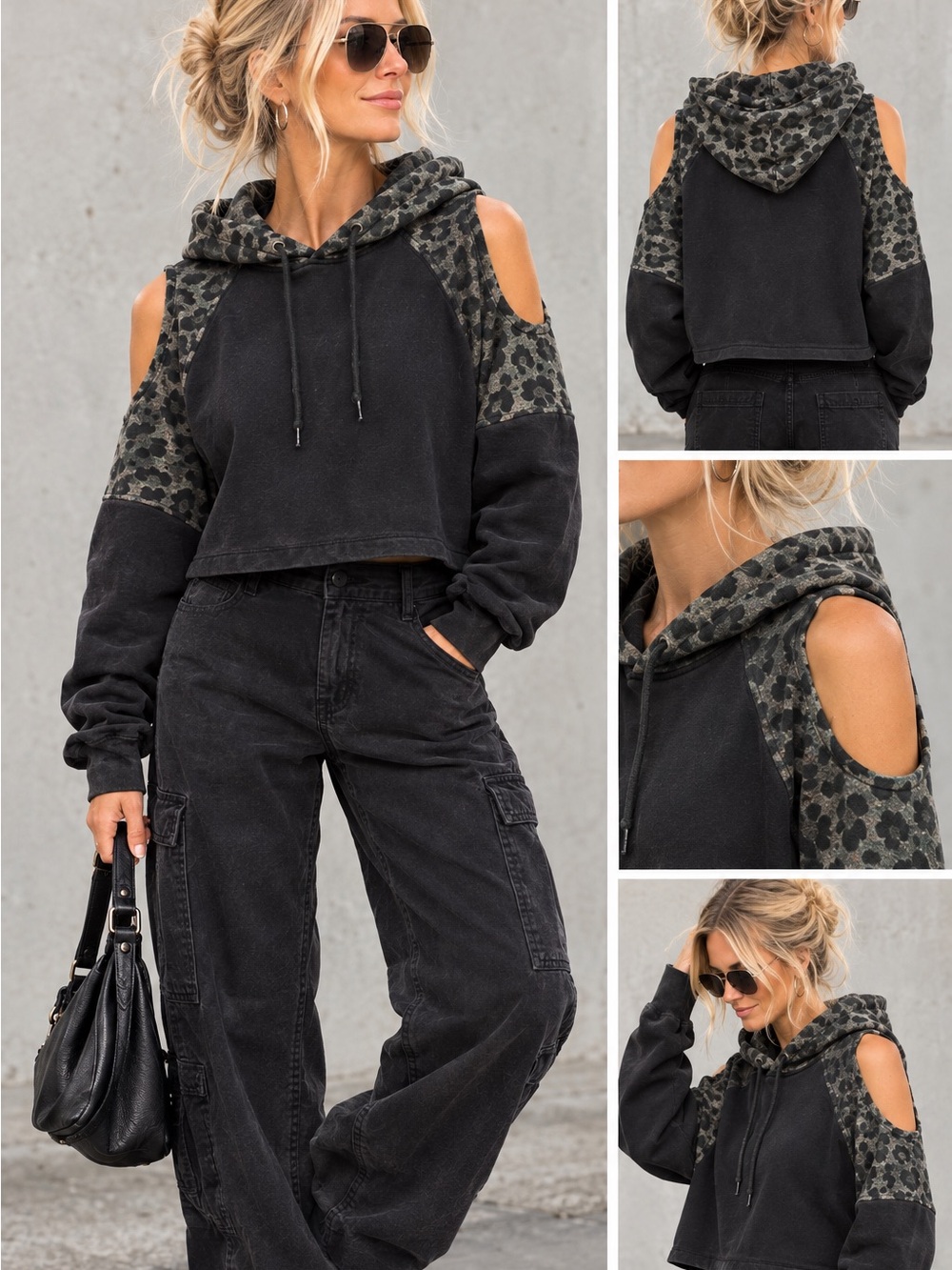 Marcelo Burlón Wings Crop Cold Shoulder Leopard Panel Edgy Black Hoodie